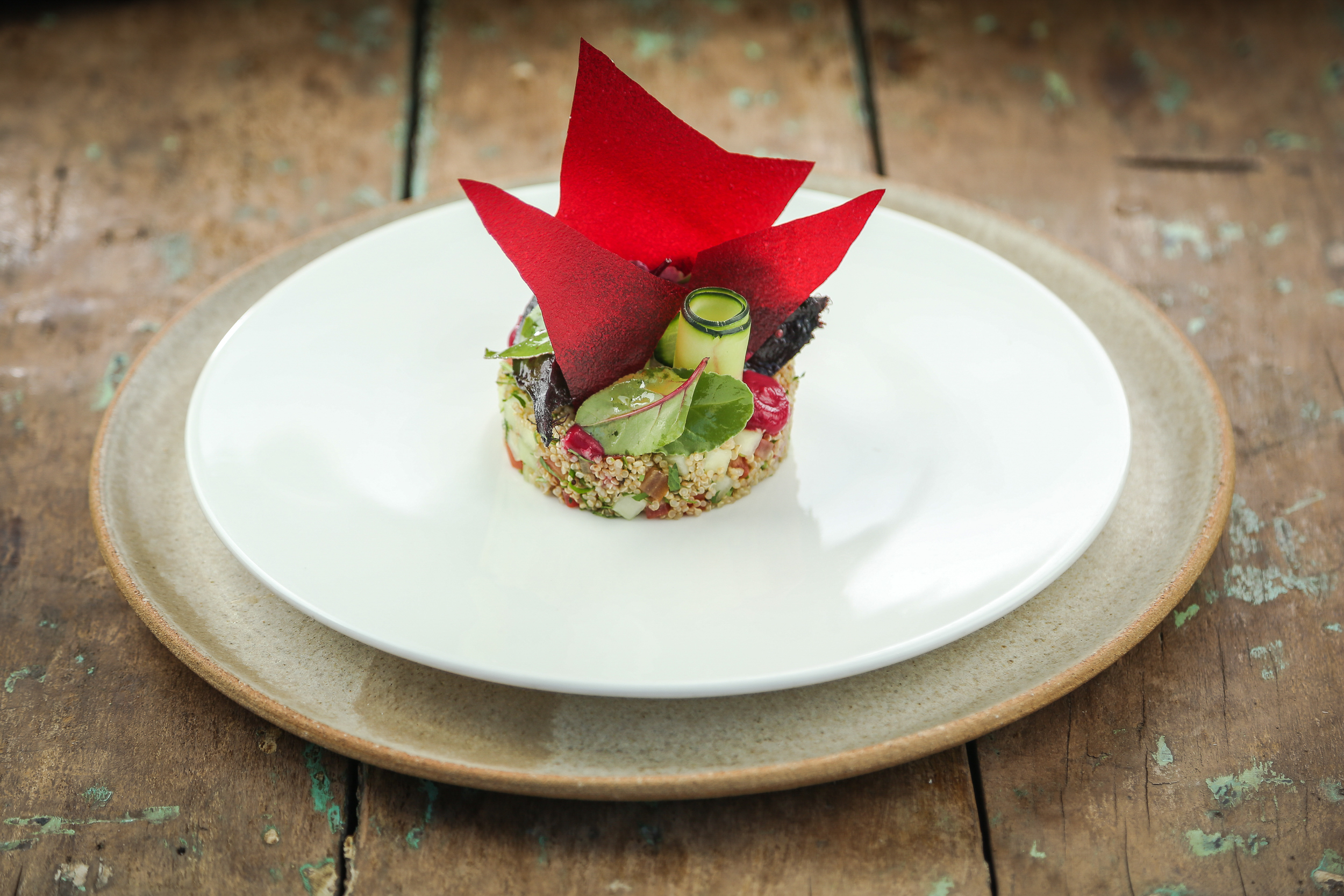 Fine-dining plated grain salad with greens, cucumber ribbon, and red crisp garnish on a white plate.