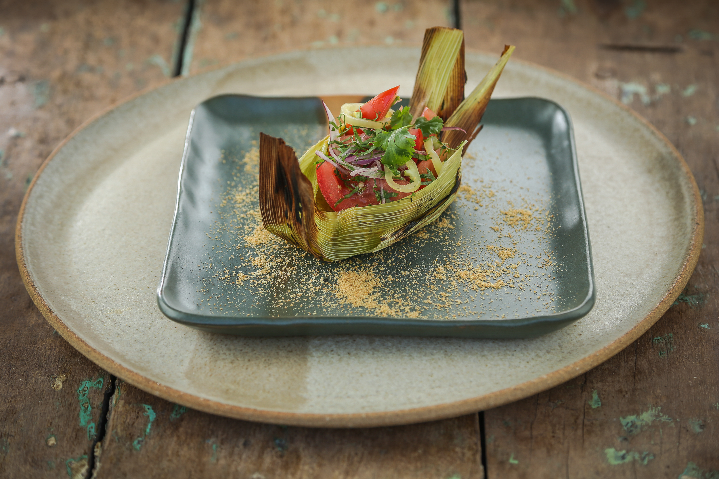 Artfully plated salad with tomatoes, herbs, and onions wrapped in a leaf on a ceramic plate.