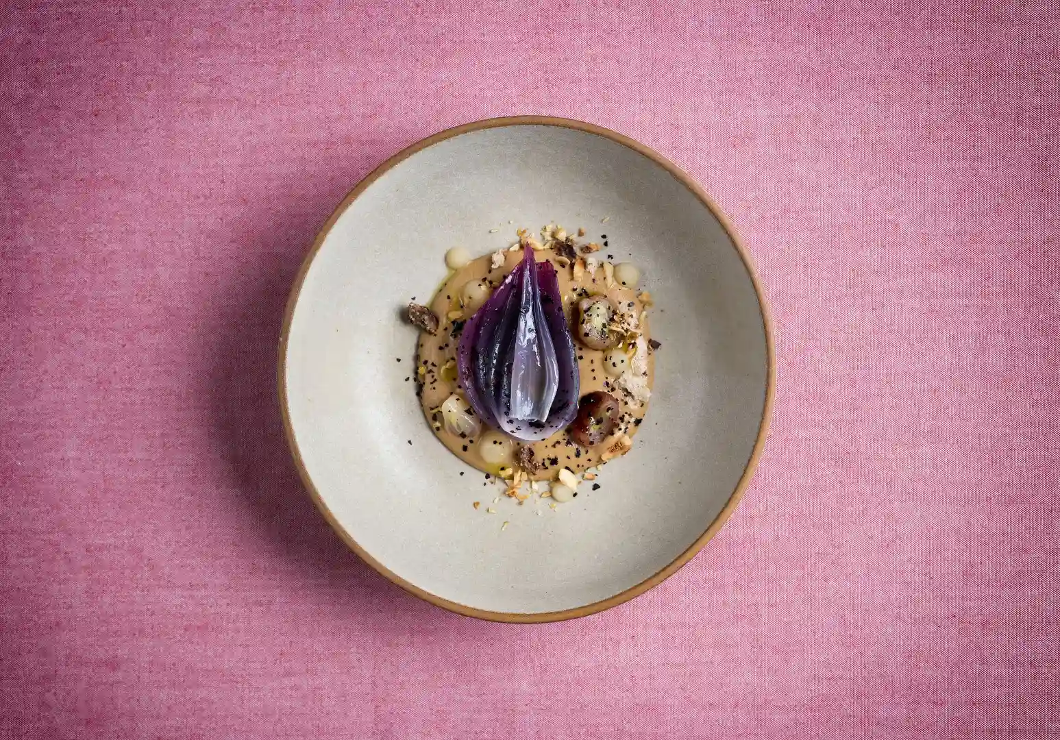 Gourmet plated dish with purple onion and creamy sauce arranged on a minimalist plate over pink background